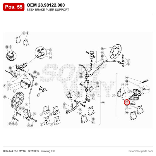 BETA BRAKE PLIER SUPPORT – OEM 28.98122.000, position 55 on the Beta M4 350 MY16 brakes drawing