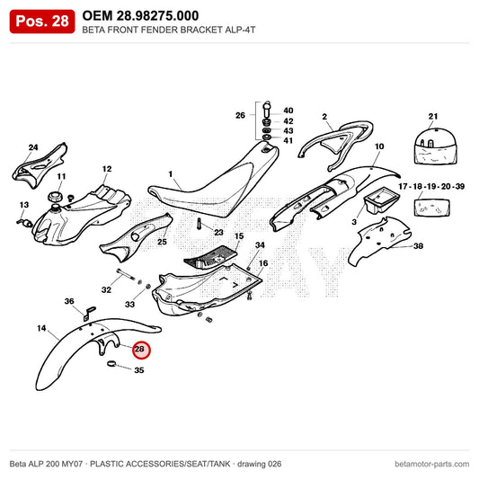 BETA FRONT FENDER BRACKET ALP-4T – OEM 28.98275.000, position 28 on the Beta ALP 200 MY07 plastic accessories/seat/tank drawing