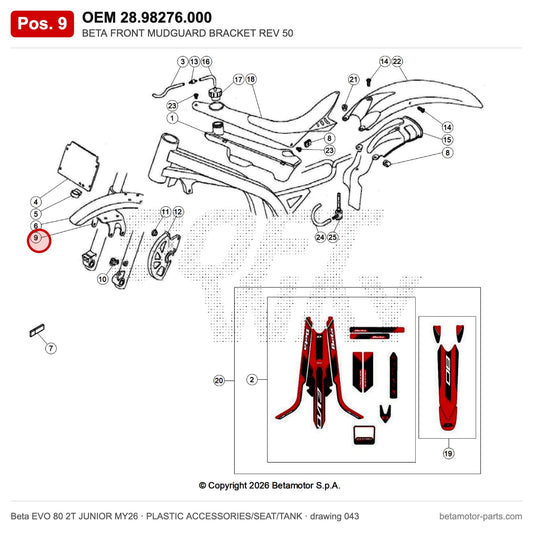 BETA FRONT MUDGUARD BRACKET REV 50 – OEM 28.98276.000, position 9 on the Beta EVO 80 2T JUNIOR MY26 plastic accessories/seat/tank drawing