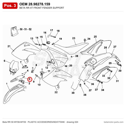 BETA RR 4T FRONT FENDER SUPPORT – OEM 28.98278.159, position 3 on the Beta RR 50 MY08-MY09 plastic accessories/seat/tank drawing