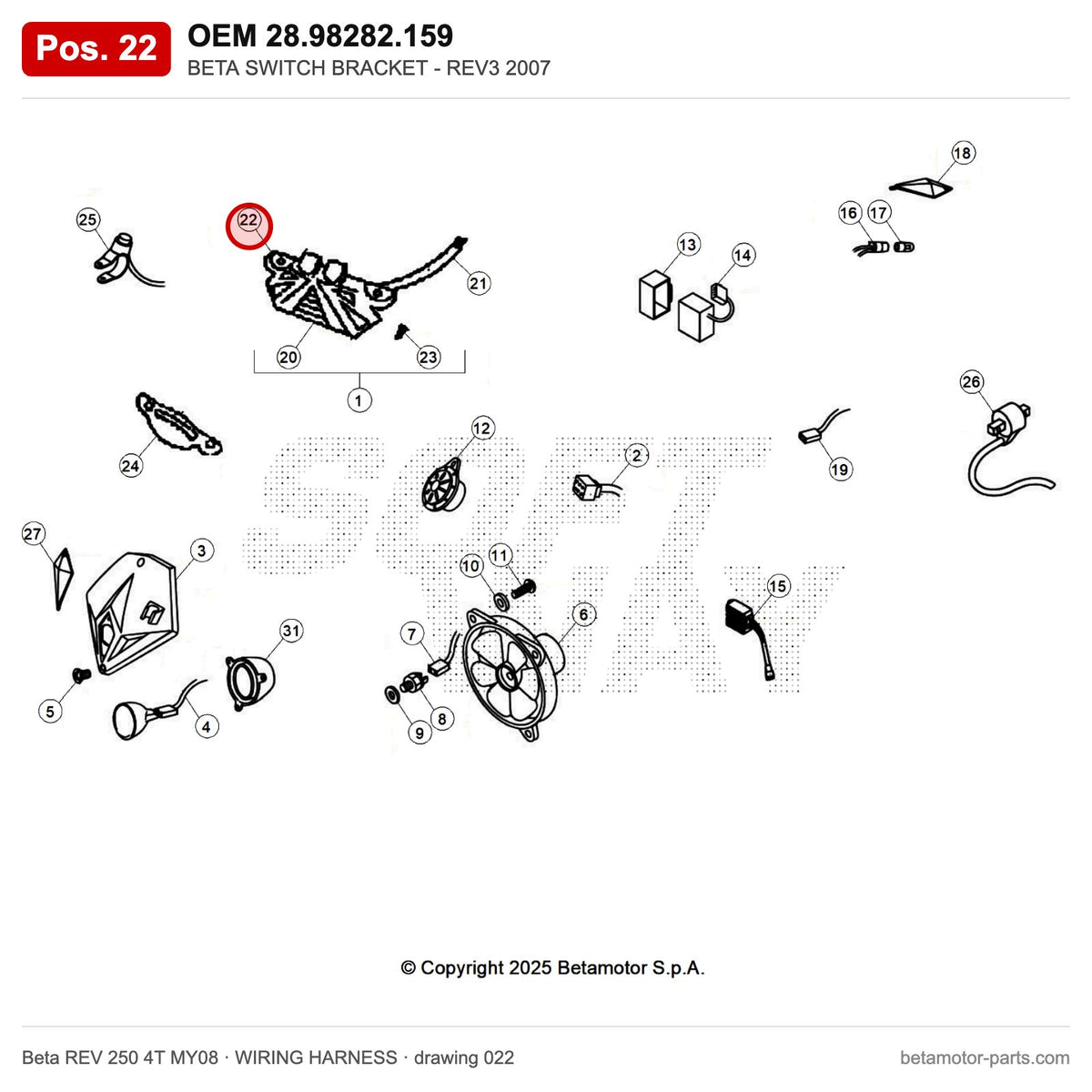 BETA SWITCH BRACKET - REV3 2007 – OEM 28.98282.159, position 22 on the Beta REV 250 4T MY08 wiring harness drawing
