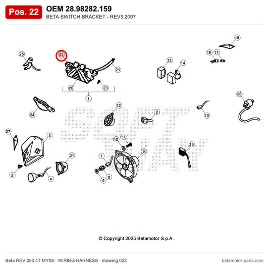 BETA SWITCH BRACKET - REV3 2007 – OEM 28.98282.159, position 22 on the Beta REV 250 4T MY08 wiring harness drawing