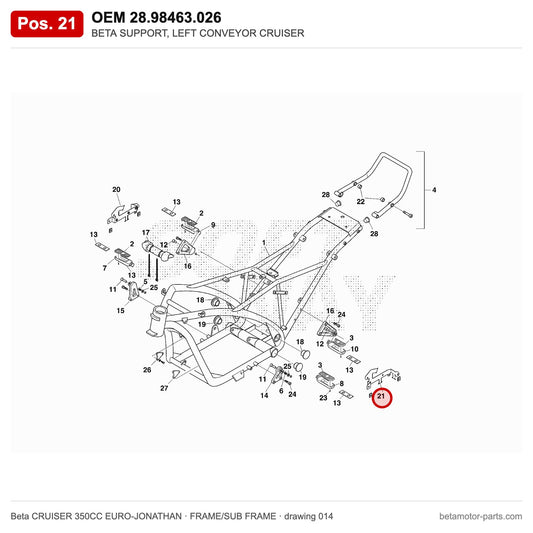 BETA SUPPORT, LEFT CONVEYOR CRUISER – OEM 28.98463.026, position 21 on the Beta CRUISER 350CC EURO-JONATHAN frame/sub frame drawing