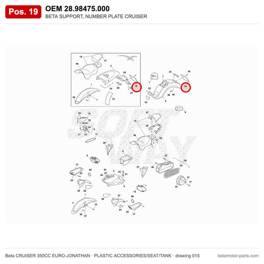 BETA SUPPORT, NUMBER PLATE CRUISER – OEM 28.98475.000, position 19 on the Beta CRUISER 350CC EURO-JONATHAN plastic accessories/seat/tank drawing