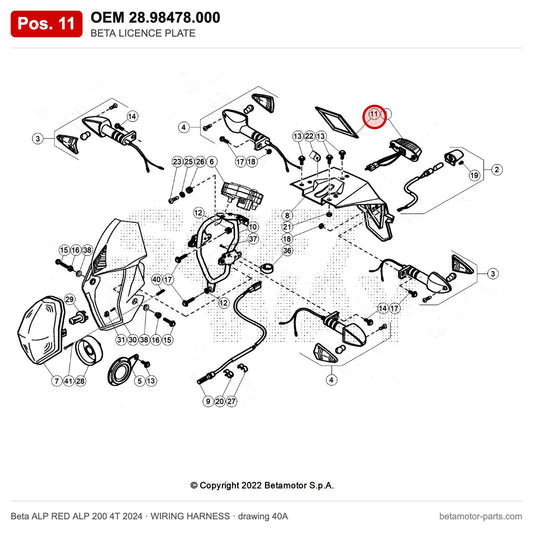 BETA LICENCE PLATE – OEM 28.98478.000, position 11 on the Beta ALP RED ALP 200 4T 2024 wiring harness drawing