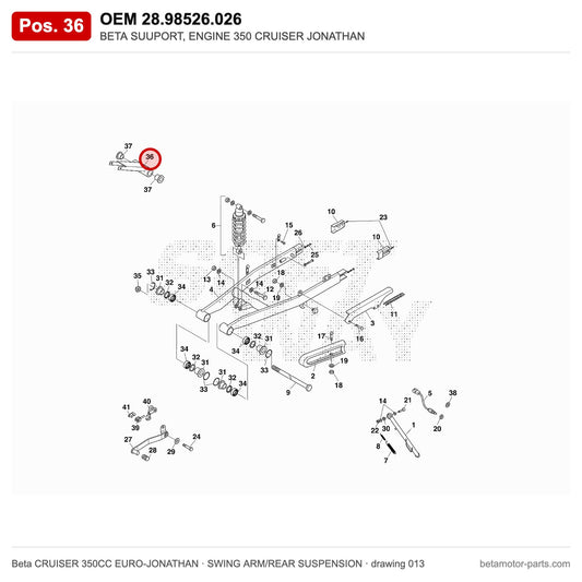 BETA SUUPORT, ENGINE 350 CRUISER JONATHAN – OEM 28.98526.026, position 36 on the Beta CRUISER 350CC EURO-JONATHAN swing arm/rear suspension drawing