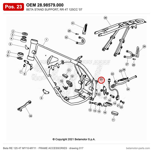 BETA STAND SUPPORT, RR 4T 125CC '07 – OEM 28.98579.000, position 23 on the Beta RE 125 4T MY10-MY11 frame accessories drawing