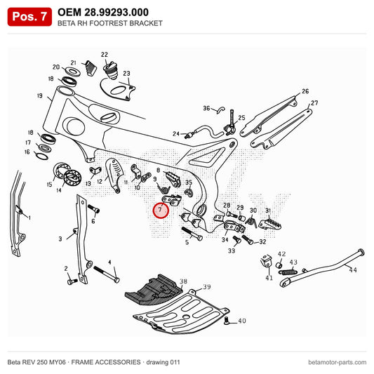 BETA RH FOOTREST BRACKET – OEM 28.99293.000, position 7 on the Beta REV 250 MY06 frame accessories drawing