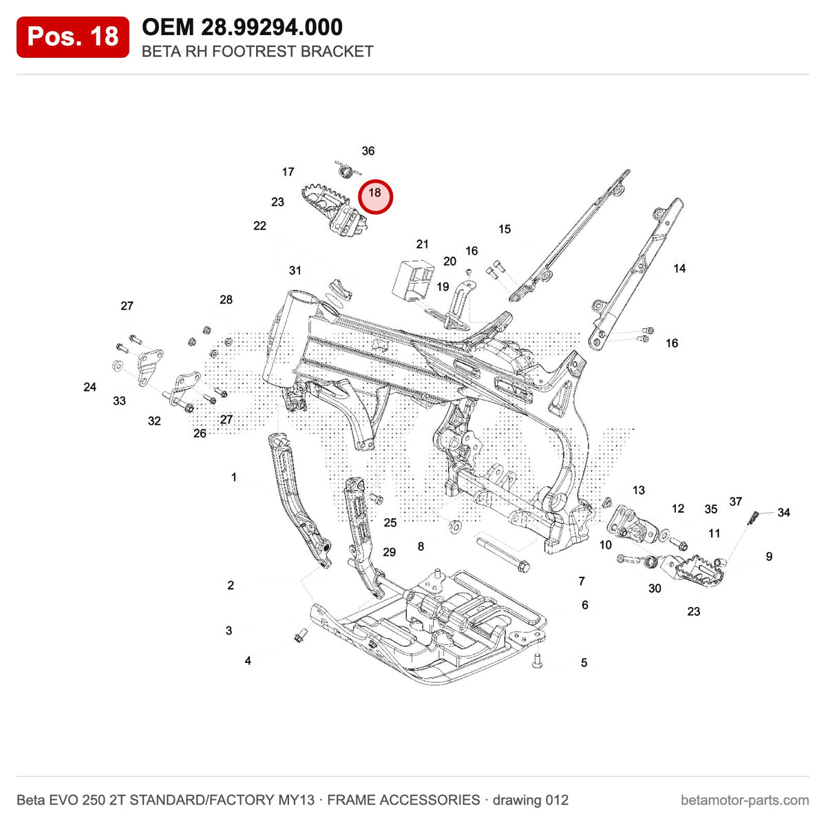BETA RH FOOTREST BRACKET – OEM 28.99294.000, position 18 on the Beta EVO 250 2T STANDARD/FACTORY MY13 frame accessories drawing