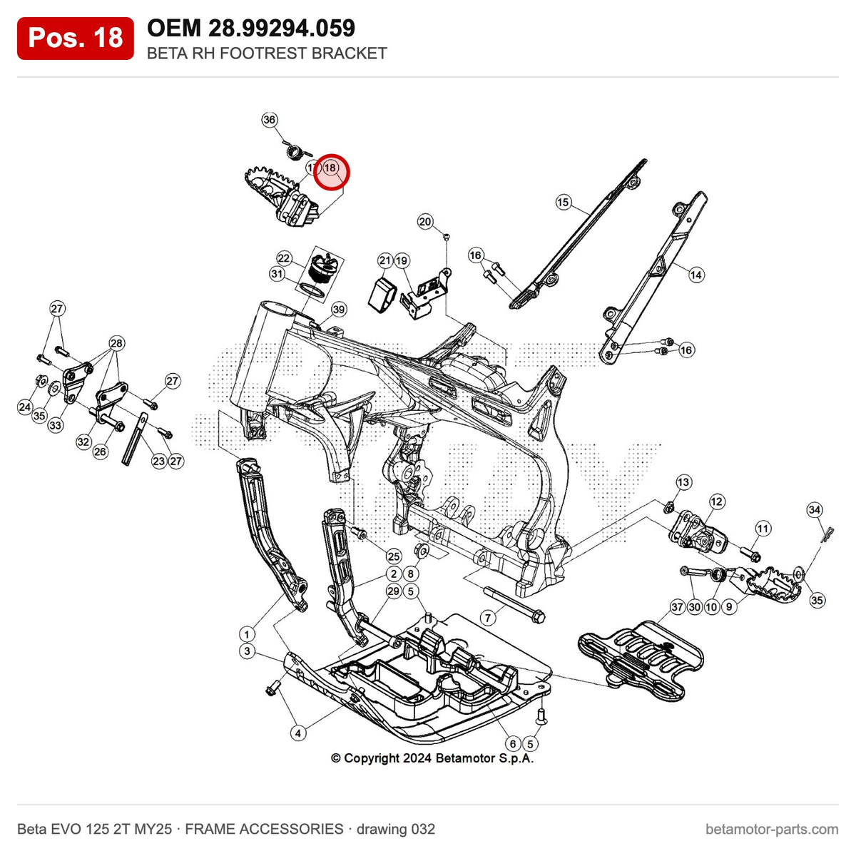 BETA RH FOOTREST BRACKET – OEM 28.99294.059, position 18 on the Beta EVO 125 2T MY25 frame accessories drawing