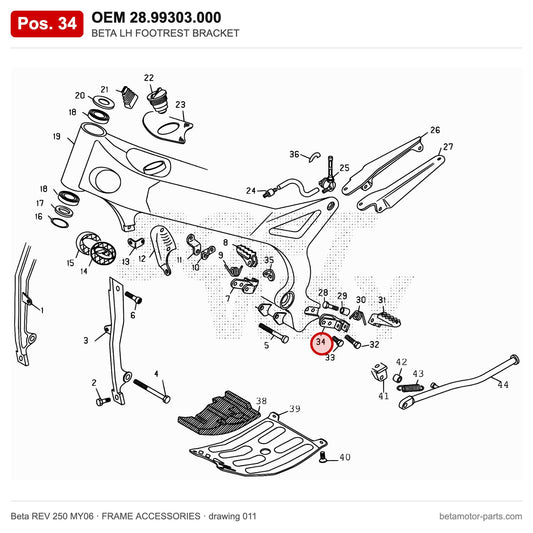 BETA LH FOOTREST BRACKET – OEM 28.99303.000, position 34 on the Beta REV 250 MY06 frame accessories drawing