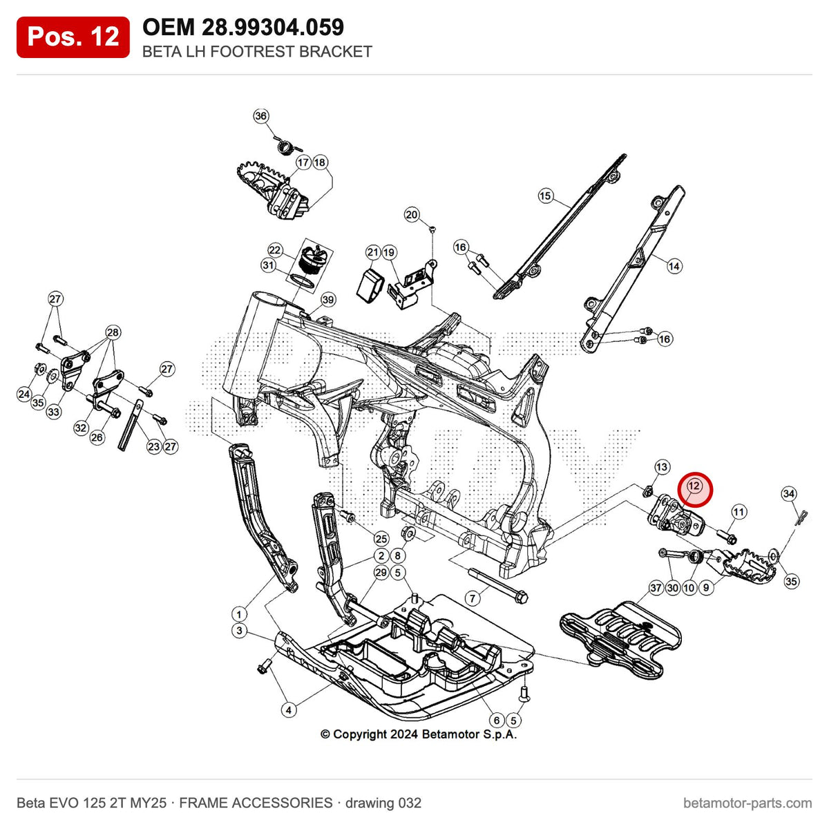 BETA LH FOOTREST BRACKET – OEM 28.99304.059, position 12 on the Beta EVO 125 2T MY25 frame accessories drawing