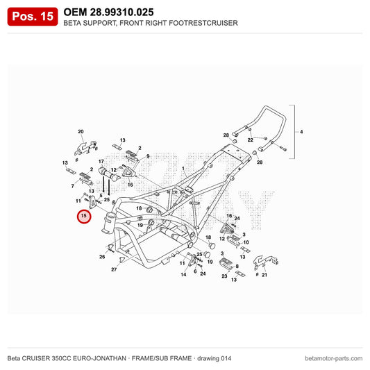 BETA SUPPORT, FRONT RIGHT FOOTRESTCRUISER – OEM 28.99310.025, position 15 on the Beta CRUISER 350CC EURO-JONATHAN frame/sub frame drawing