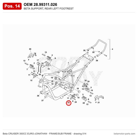 BETA SUPPORT, REAR LEFT FOOTREST – OEM 28.99311.026, position 14 on the Beta CRUISER 350CC EURO-JONATHAN frame/sub frame drawing