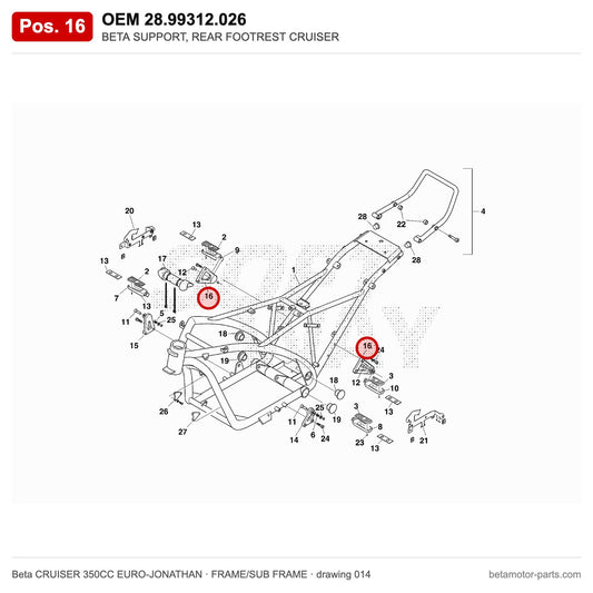 BETA SUPPORT, REAR FOOTREST CRUISER – OEM 28.99312.026, position 16 on the Beta CRUISER 350CC EURO-JONATHAN frame/sub frame drawing
