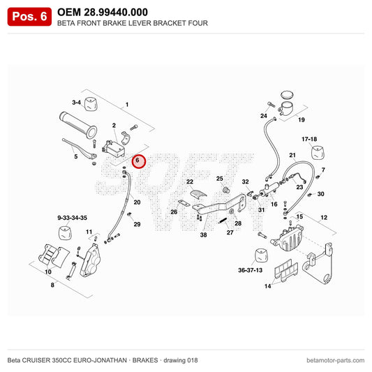 BETA FRONT BRAKE LEVER BRACKET FOUR – OEM 28.99440.000, position 6 on the Beta CRUISER 350CC EURO-JONATHAN brakes drawing