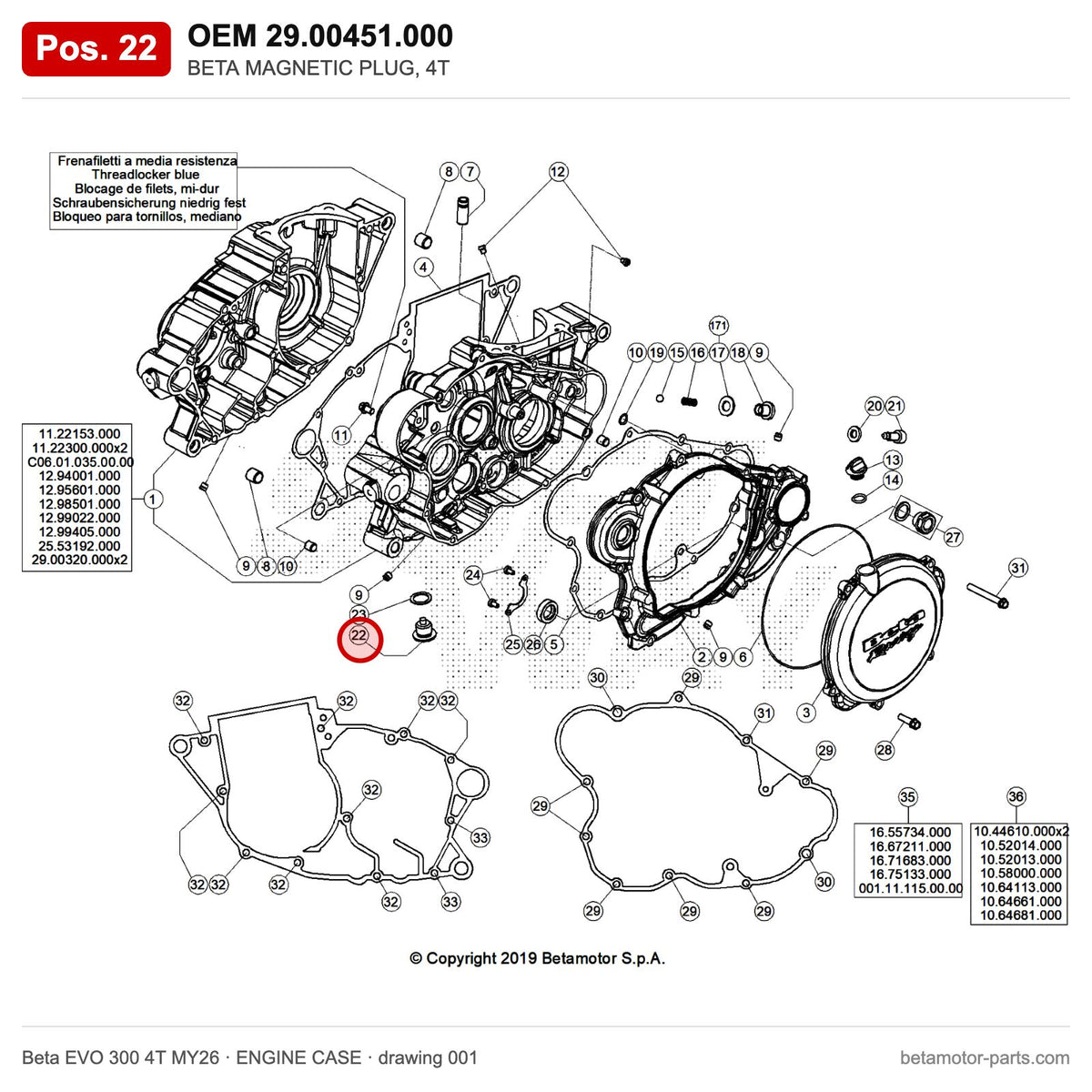 BETA MAGNETIC PLUG, 4T – OEM 29.00451.000, position 22 on the Beta EVO 300 4T MY26 engine case drawing
