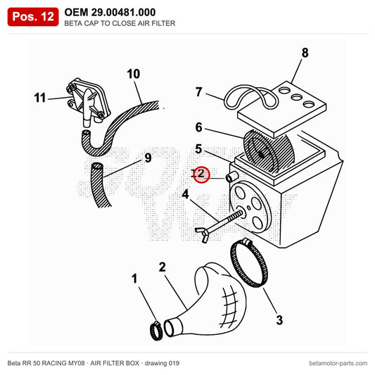 BETA CAP TO CLOSE AIR FILTER – OEM 29.00481.000, position 12 on the Beta RR 50 RACING MY08 air filter box drawing