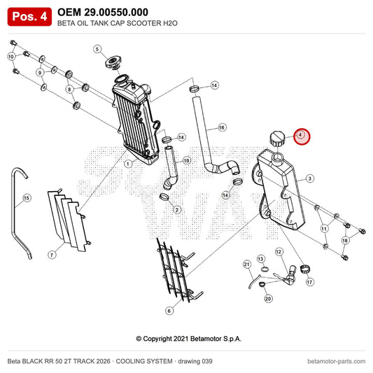 BETA OIL TANK CAP SCOOTER H2O – OEM 29.00550.000, position 4 on the Beta BLACK RR 50 2T TRACK 2026 cooling system drawing