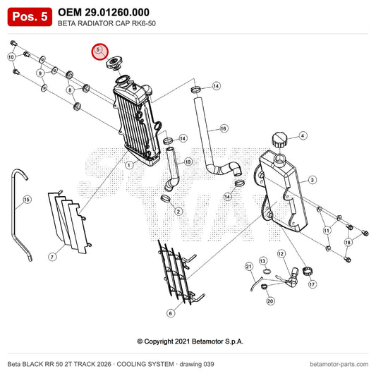 BETA RADIATOR CAP RK6-50 – OEM 29.01260.000, position 5 on the Beta BLACK RR 50 2T TRACK 2026 cooling system drawing
