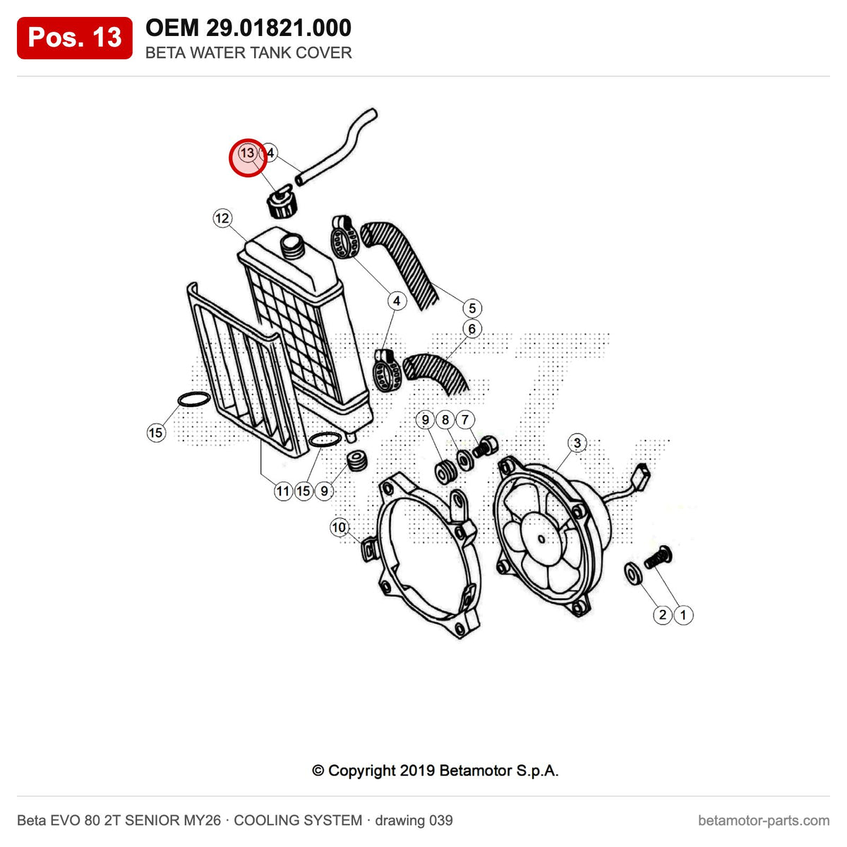 BETA WATER TANK COVER – OEM 29.01821.000, position 13 on the Beta EVO 80 2T SENIOR MY26 cooling system drawing