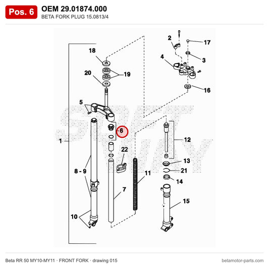 BETA FORK PLUG 15.0813/4 – OEM 29.01874.000, position 6 on the Beta RR 50 MY10-MY11 front fork drawing