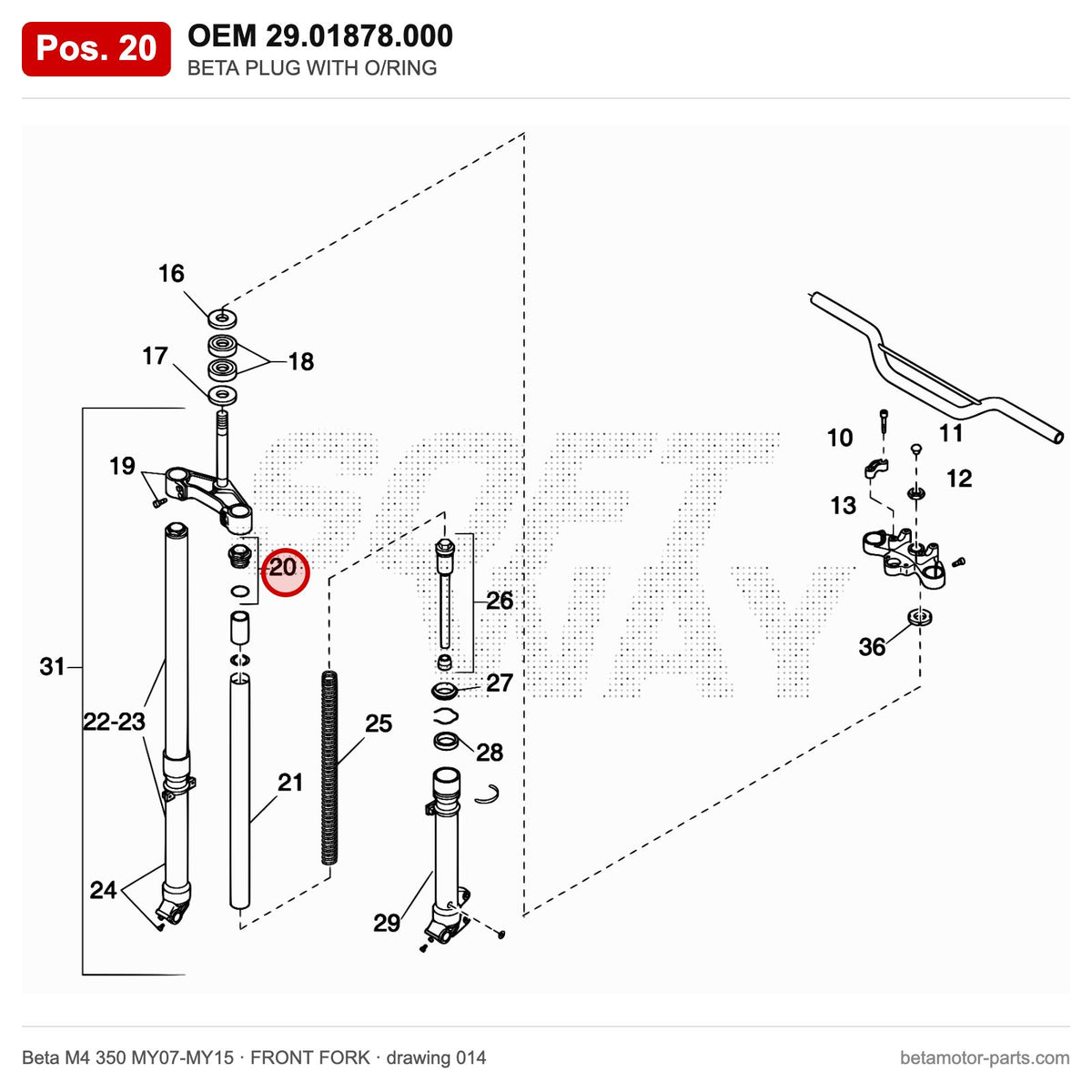 BETA PLUG WITH O/RING – OEM 29.01878.000, position 20 on the Beta M4 350 MY07-MY15 front fork drawing