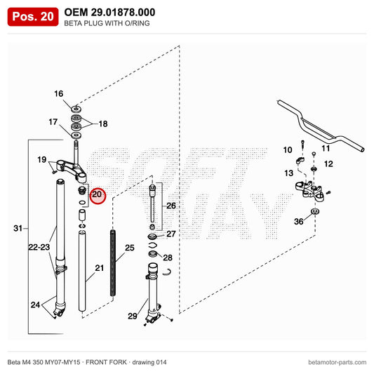 BETA PLUG WITH O/RING – OEM 29.01878.000, position 20 on the Beta M4 350 MY07-MY15 front fork drawing