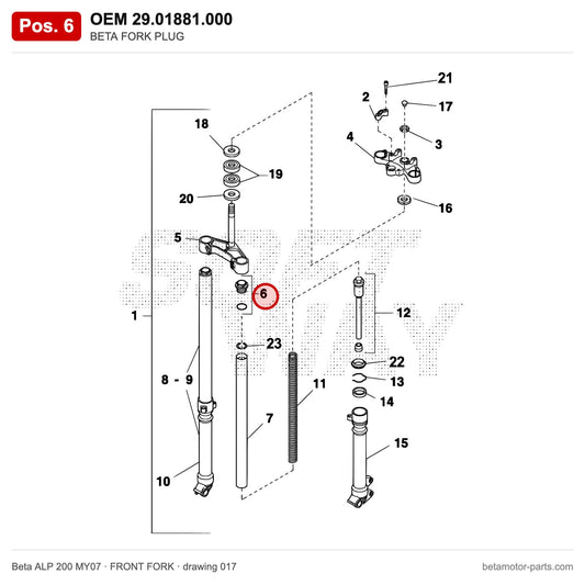 BETA FORK PLUG – OEM 29.01881.000, position 6 on the Beta ALP 200 MY07 front fork drawing