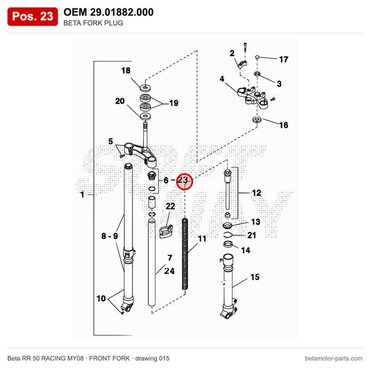 BETA FORK PLUG – OEM 29.01882.000, position 23 on the Beta RR 50 RACING MY08 front fork drawing