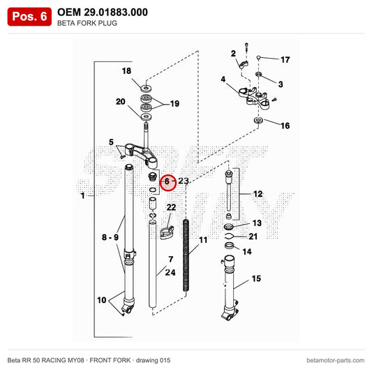 BETA FORK PLUG – OEM 29.01883.000, position 6 on the Beta RR 50 RACING MY08 front fork drawing