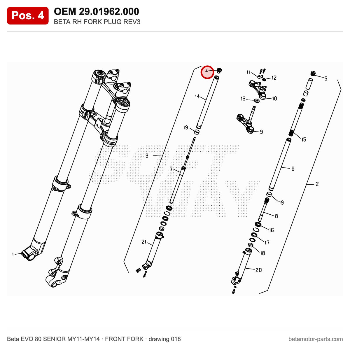 BETA RH FORK PLUG REV3 – OEM 29.01962.000, position 4 on the Beta EVO 80 SENIOR MY11-MY14 front fork drawing