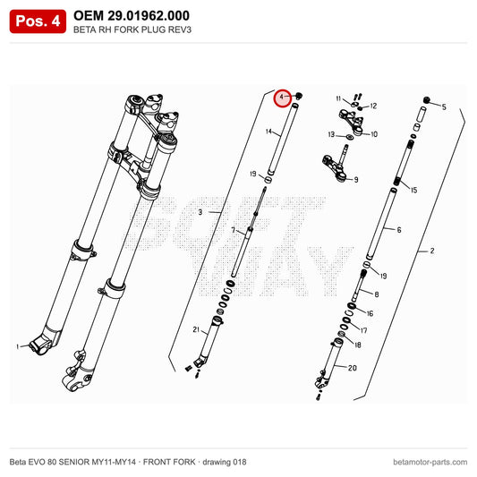 BETA RH FORK PLUG REV3 – OEM 29.01962.000, position 4 on the Beta EVO 80 SENIOR MY11-MY14 front fork drawing