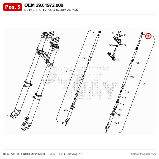 BETA LH FORK PLUG 15.08045/6/7/8/9 – OEM 29.01972.000, position 5 on the Beta EVO 80 SENIOR MY11-MY14 front fork drawing