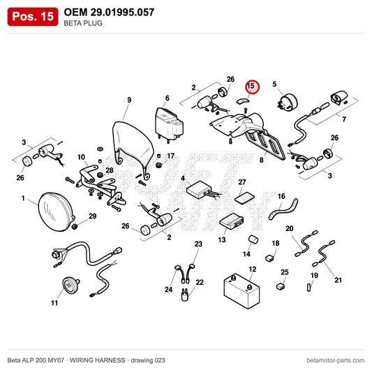 BETA PLUG – OEM 29.01995.057, position 15 on the Beta ALP 200 MY07 wiring harness drawing
