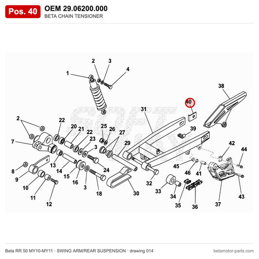 BETA CHAIN TENSIONER – OEM 29.06200.000, position 40 on the Beta RR 50 MY10-MY11 swing arm/rear suspension drawing