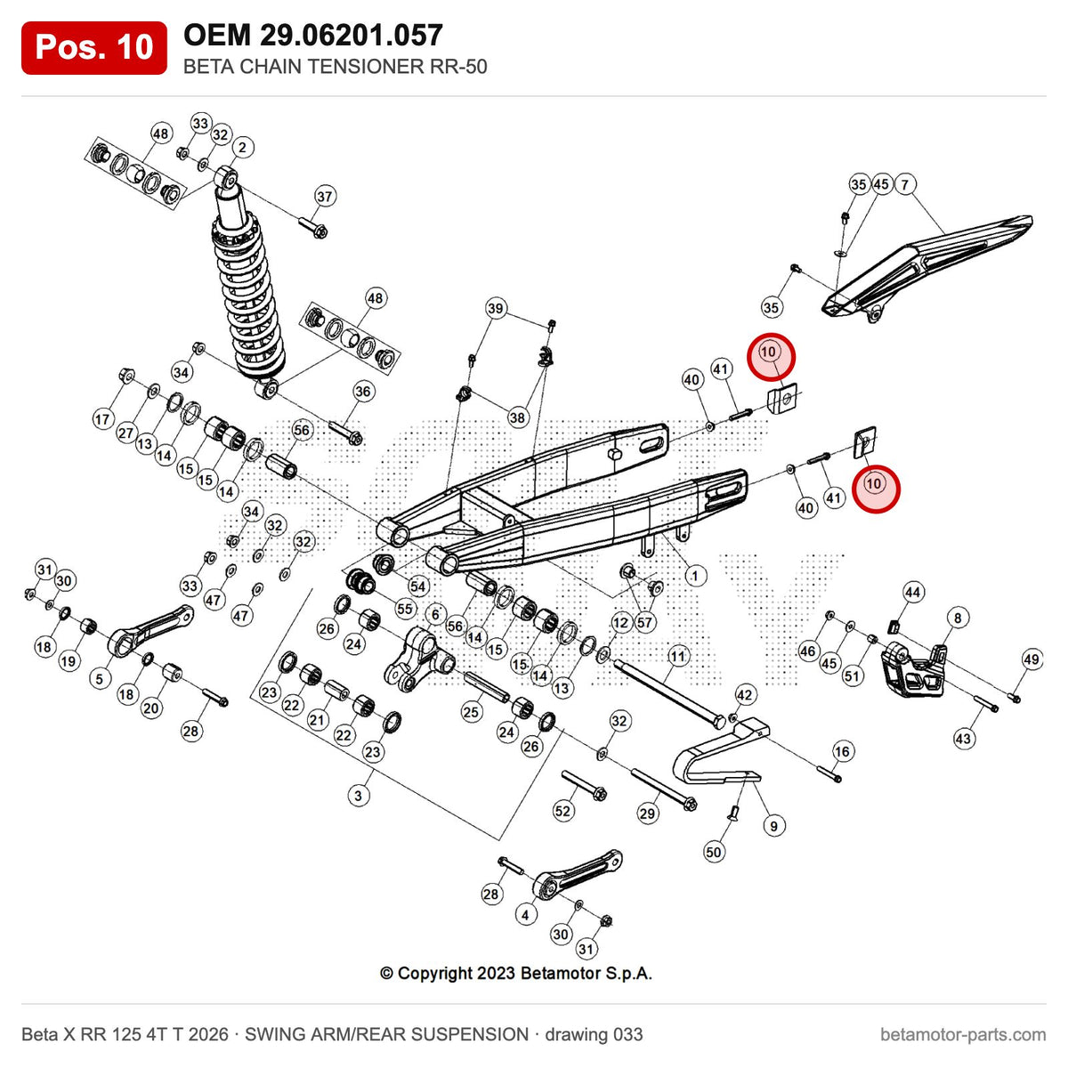 BETA CHAIN TENSIONER RR-50 – OEM 29.06201.057, position 10 on the Beta X RR 125 4T T 2026 swing arm/rear suspension drawing