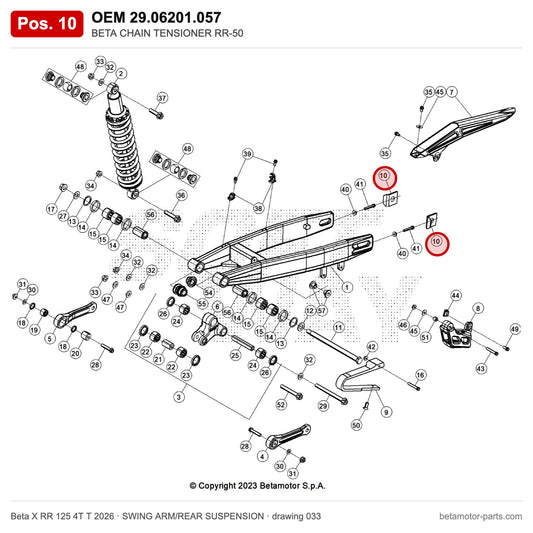 BETA CHAIN TENSIONER RR-50 – OEM 29.06201.057, position 10 on the Beta X RR 125 4T T 2026 swing arm/rear suspension drawing
