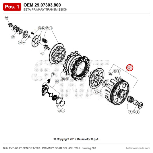 BETA PRIMARY TRANSMISSION – OEM 29.07303.800, position 1 on the Beta EVO 80 2T SENIOR MY26 primary gear cpl./clutch drawing
