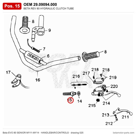 BETA REV 80 HYDRAULIC CLUTCH TUBE – OEM 29.09094.000, position 15 on the Beta EVO 80 SENIOR MY11-MY14 handlebar/controls drawing