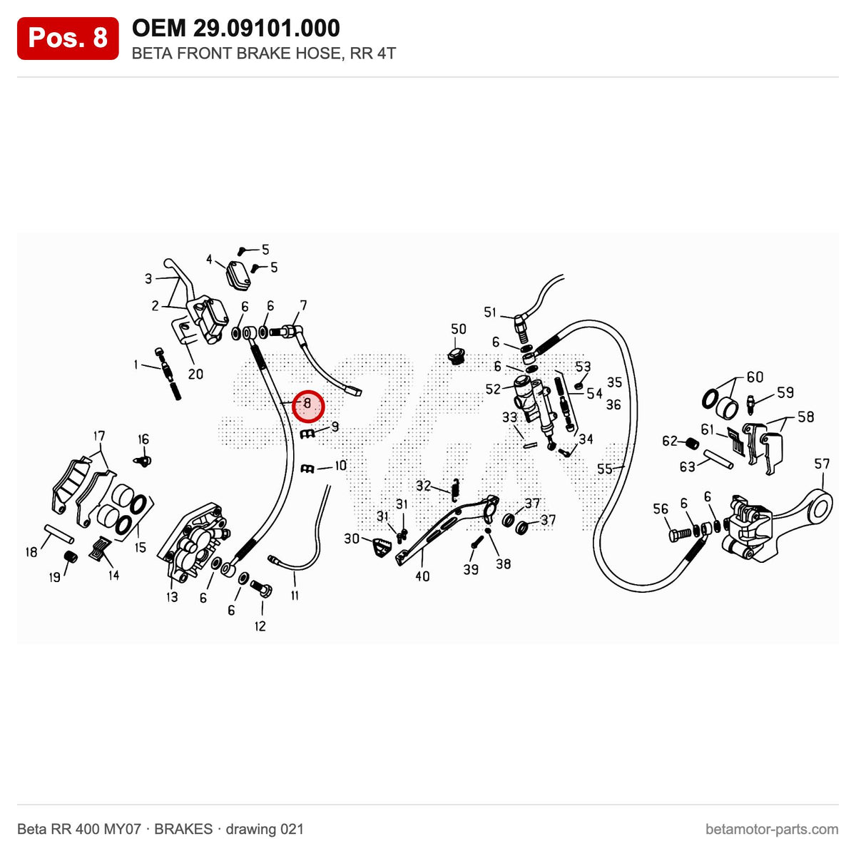 BETA FRONT BRAKE HOSE, RR 4T – OEM 29.09101.000, position 8 on the Beta RR 400 MY07 brakes drawing