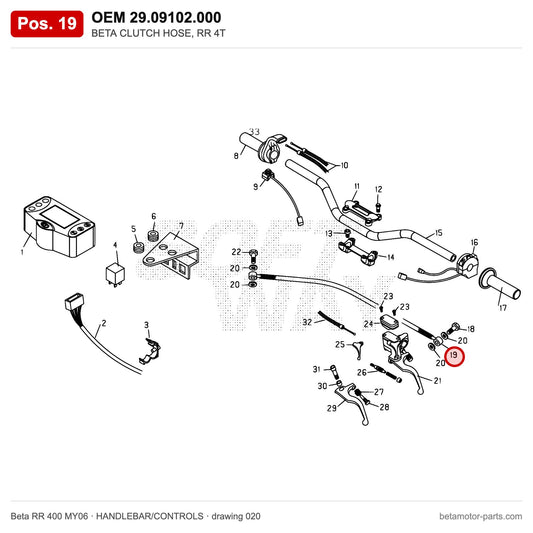 BETA CLUTCH HOSE, RR 4T – OEM 29.09102.000, position 19 on the Beta RR 400 MY06 handlebar/controls drawing