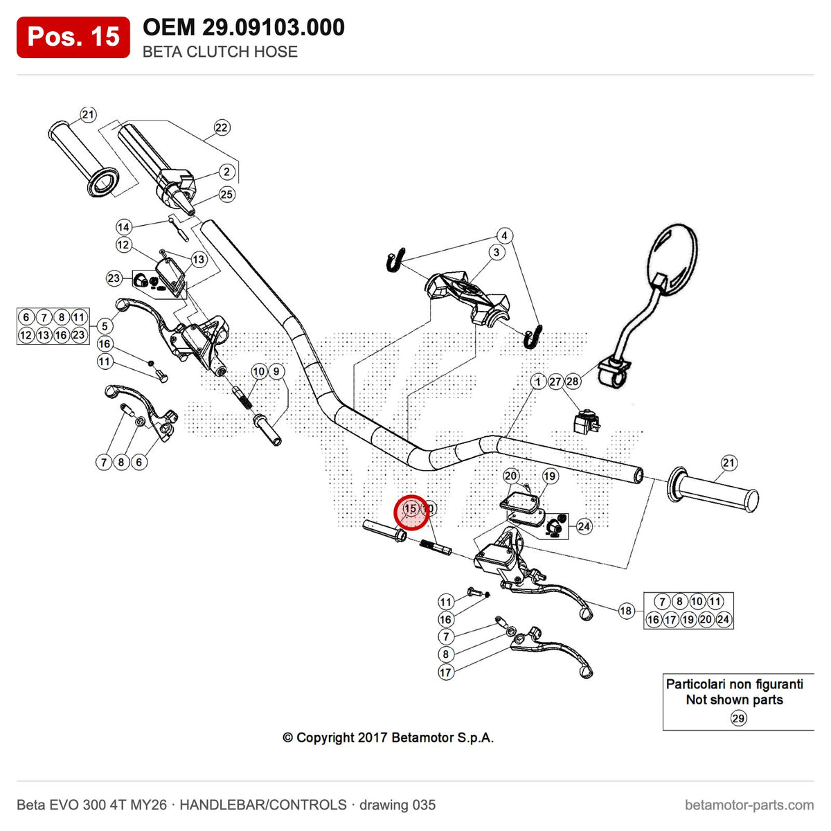 BETA CLUTCH HOSE – OEM 29.09103.000, position 15 on the Beta EVO 300 4T MY26 handlebar/controls drawing