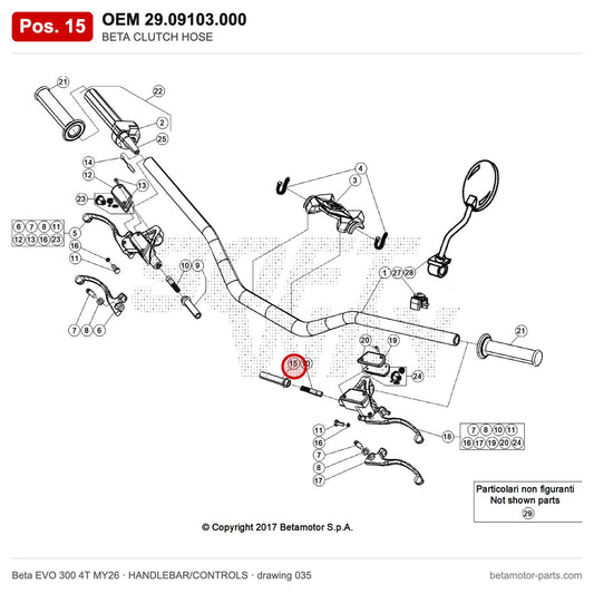 BETA CLUTCH HOSE – OEM 29.09103.000, position 15 on the Beta EVO 300 4T MY26 handlebar/controls drawing