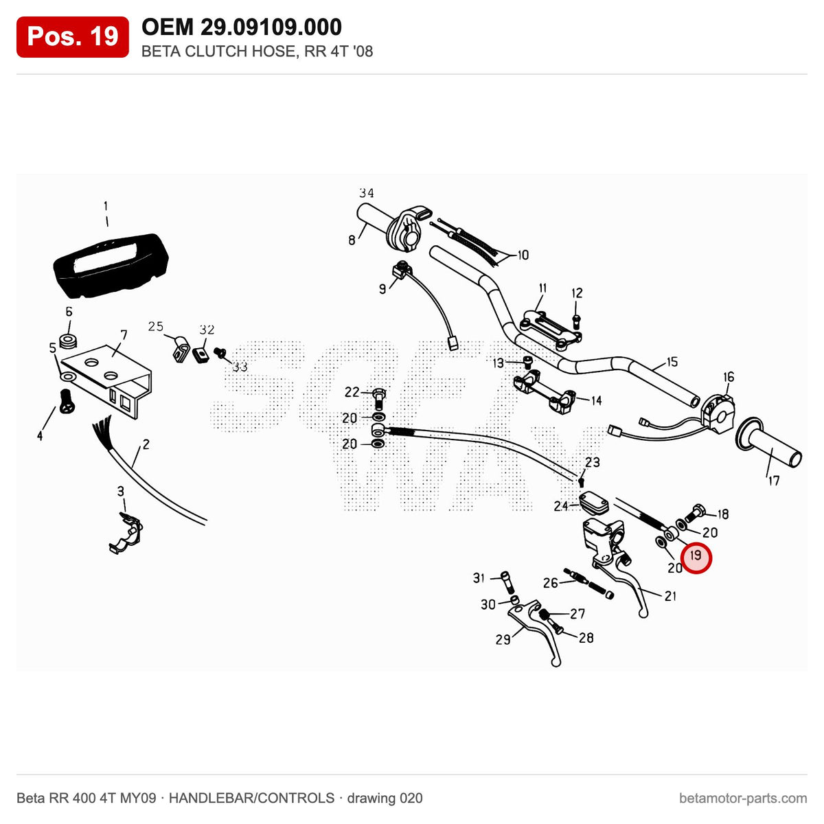 BETA CLUTCH HOSE, RR 4T '08 – OEM 29.09109.000, position 19 on the Beta RR 400 4T MY09 handlebar/controls drawing