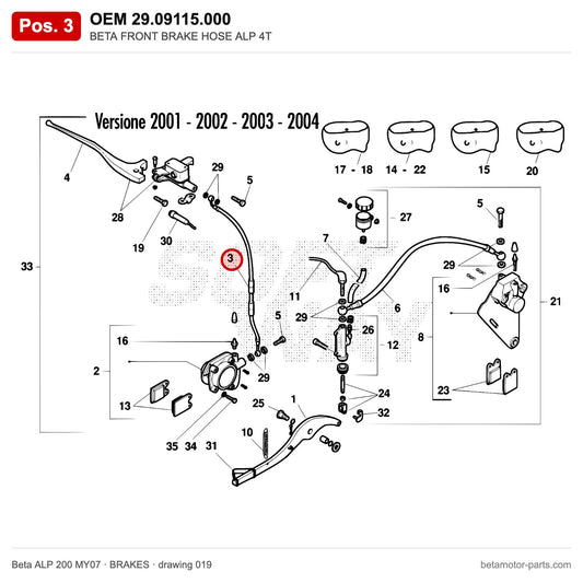 BETA FRONT BRAKE HOSE ALP 4T – OEM 29.09115.000, position 3 on the Beta ALP 200 MY07 brakes drawing