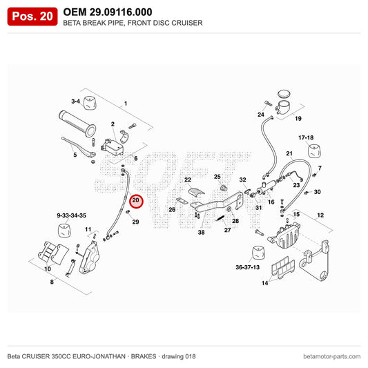 BETA BREAK PIPE, FRONT DISC CRUISER – OEM 29.09116.000, position 20 on the Beta CRUISER 350CC EURO-JONATHAN brakes drawing