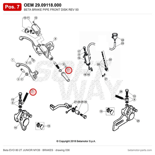 BETA BRAKE PIPE FRONT DISK REV 50 – OEM 29.09118.000, position 7 on the Beta EVO 80 2T JUNIOR MY26 brakes drawing