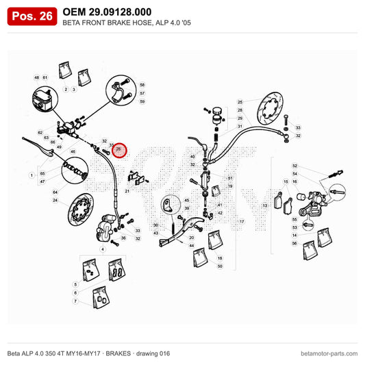 BETA FRONT BRAKE HOSE, ALP 4.0 '05 – OEM 29.09128.000, position 26 on the Beta ALP 4.0 350 4T MY16-MY17 brakes drawing