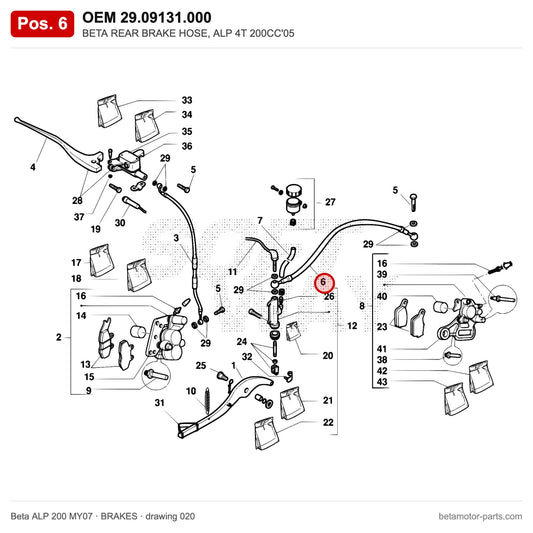 BETA REAR BRAKE HOSE, ALP 4T 200CC'05 – OEM 29.09131.000, position 6 on the Beta ALP 200 MY07 brakes drawing